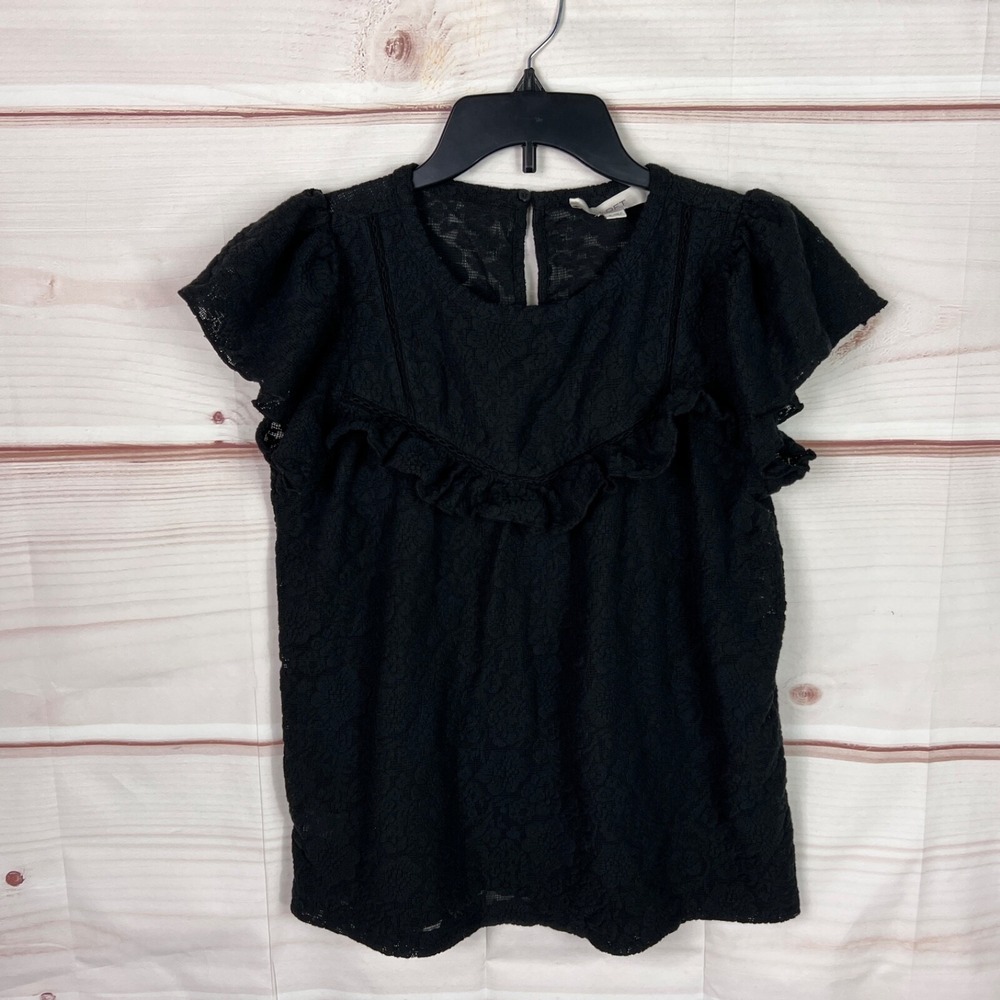 LOFT Top Womens S Black Lace Blouse Flutter Sleeve Sheer Round Neck Pullover
